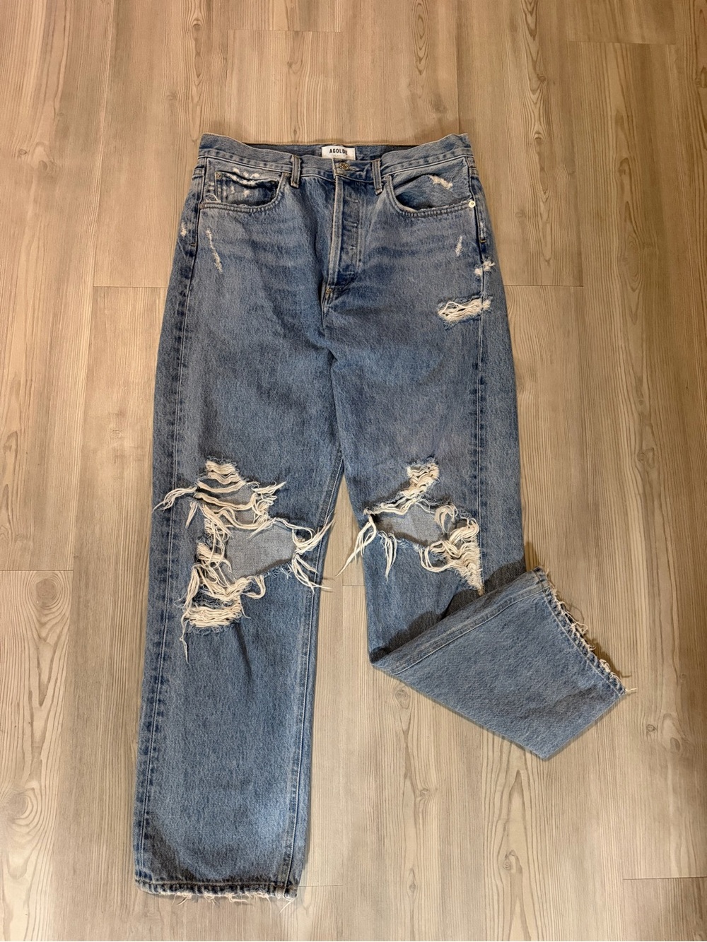 Agolde Distressed Straight Leg Jeans - Light Blue
